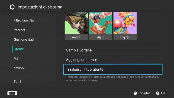 Nintendo Switch tutorial trasferimento utenti 