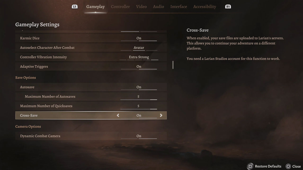 Baldur's Gate 3 menu gameplay cross save